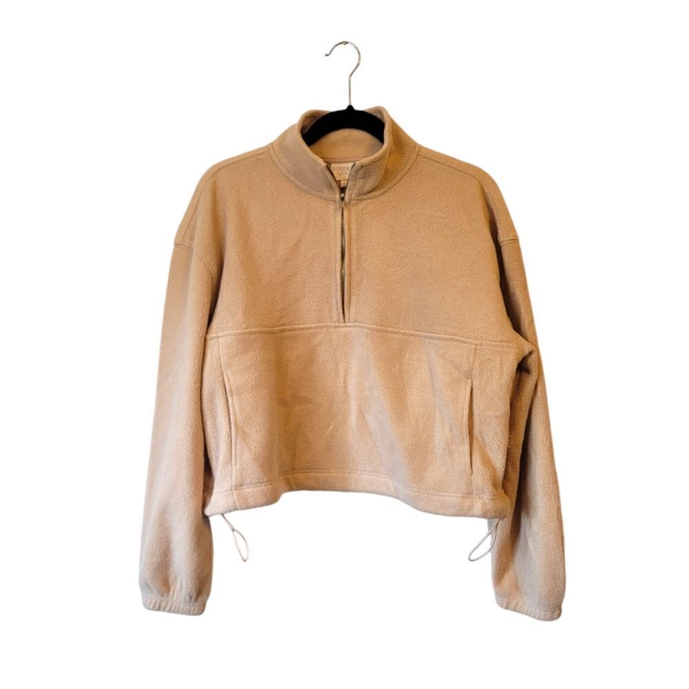 NIA Light Beige Cropped Fleece Pullover 1/4 Zip Sweatshirt